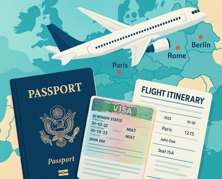 Flight reservation document for Schengen visa with travel icon